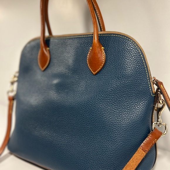 Dooney & Bourke Pebble Grain Leather Satchel Navy Blue Tan Trim Crossbody Purse - Picture 5 of 16